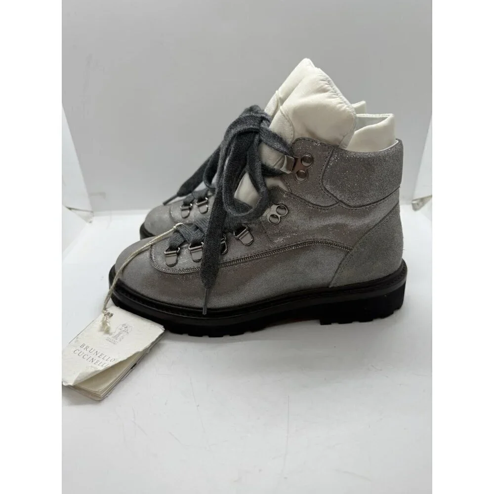 NWT Brunello Cucinelli Kids Color Block Ankle Length Lace Up Leather Boots Sz 2